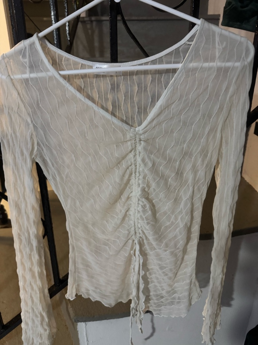 Ruched V-Neck Long Sleeve Top - Cream
